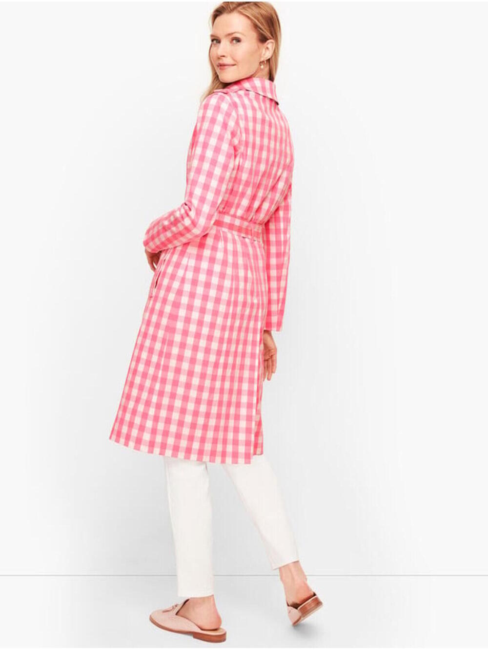 Talbots Belted Gingham Trench Coat in a Vibrant Pink and White Check Pattern - Picture 8 of 9